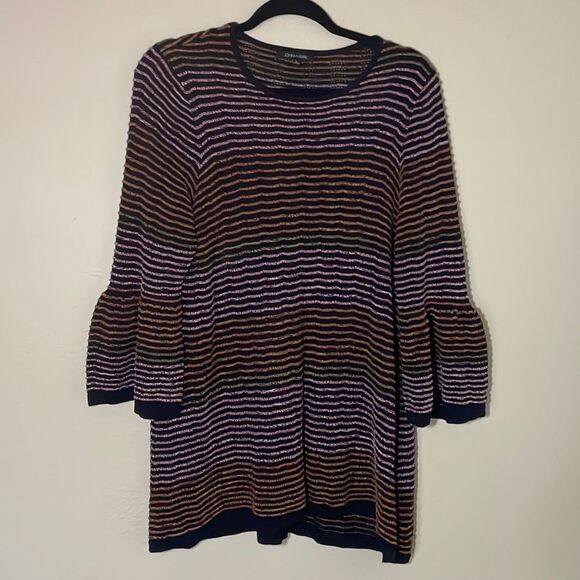 John Mark Top Womens L Multicolor Stretch Stripe Bell Sleeve Knit Tunic Blouse - Picture 1 of 4